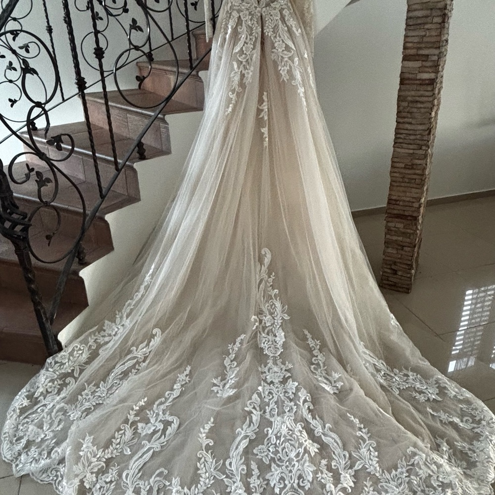 Elegant champagne Sequin Lace Appliqué  Wedding Dress  . Demetrios design size 6